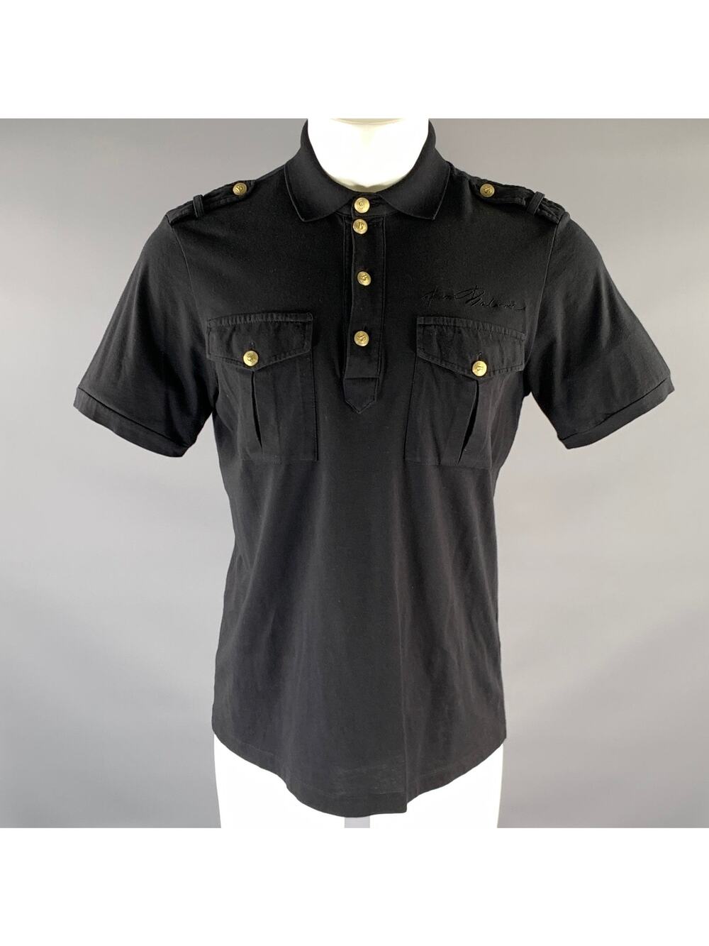 PIERRE BALMAIN Size XS Black Gold Embroidery Cotton Polo